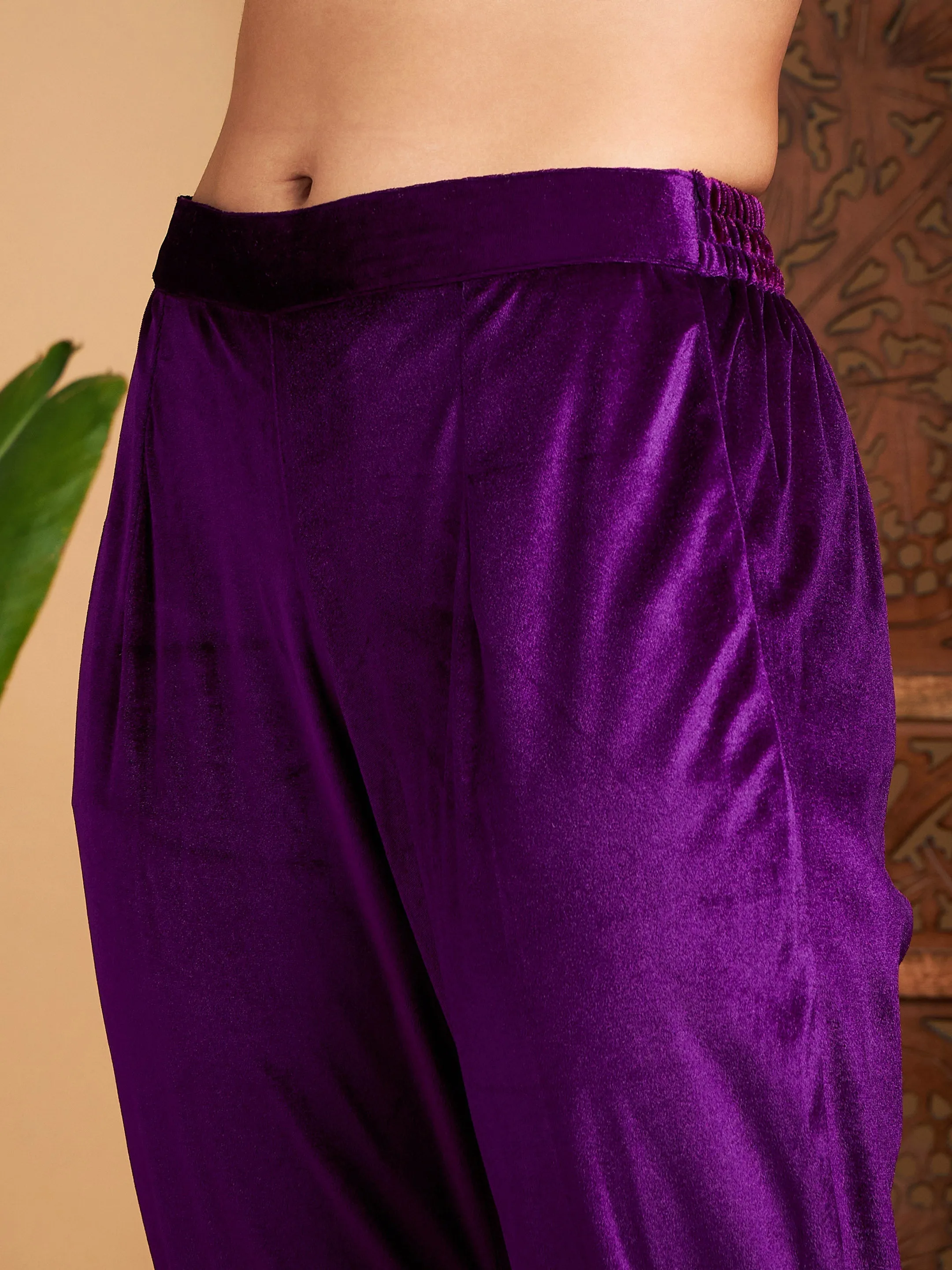 Women Purple Zari Velvet Straight Kurta Set With WaistCoat