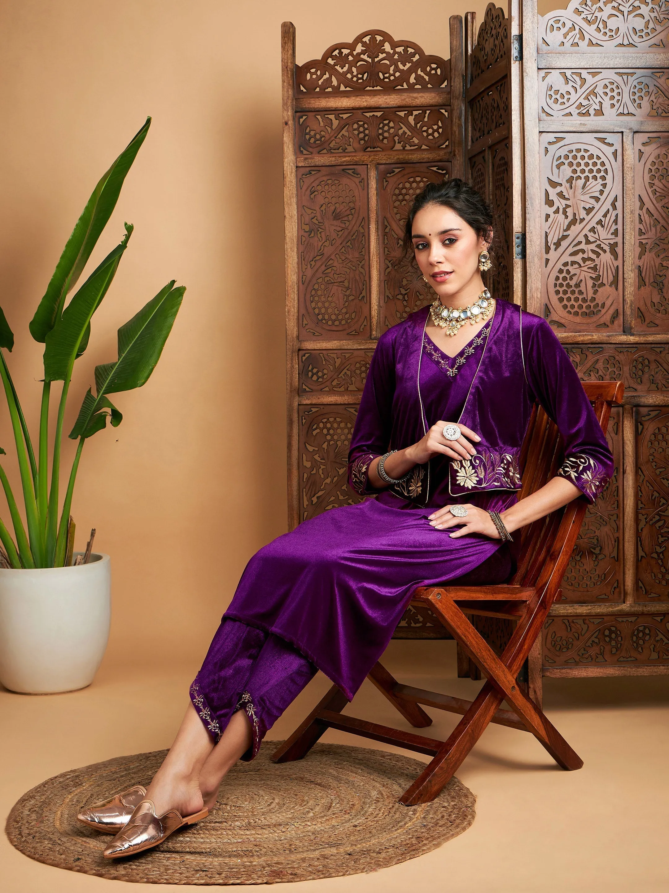 Women Purple Zari Velvet Straight Kurta Set With WaistCoat